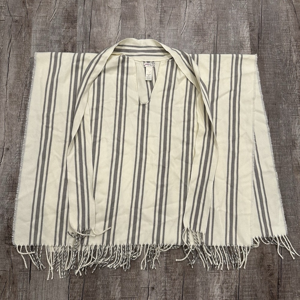 Free‎ People Striped Poncho Wrap Cape Fringe Hem One Sz Cream Gray Boho Festival